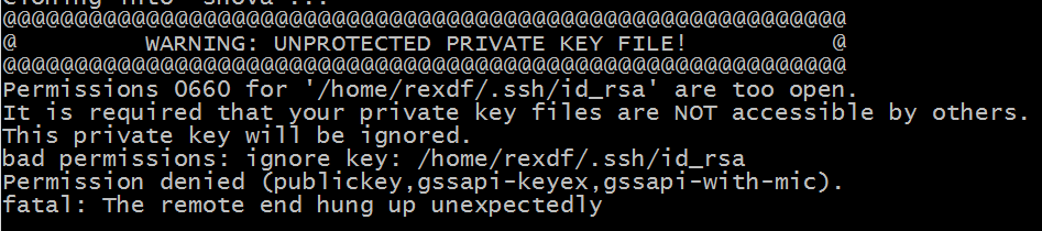 Permissions 0660 for '/home/rexdf/.ssh/id_rsa' are too open.